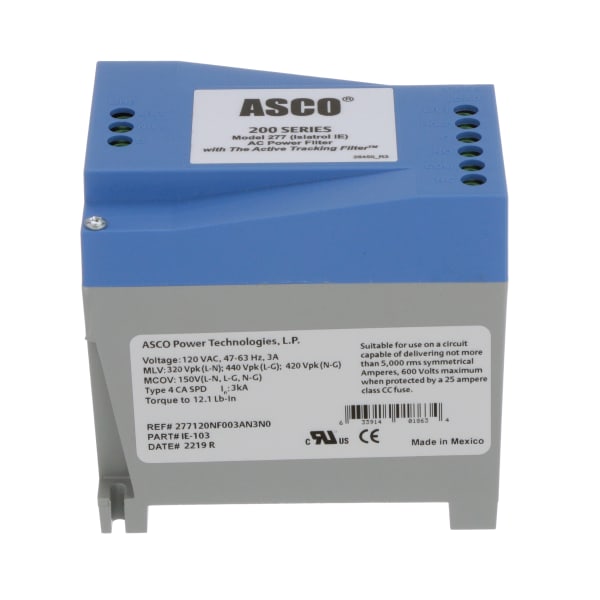 ASCO Power Technologies - IE-103 - Filter Multi-Stage Noise 1 Ph Op-V 120V  Curr 3A DIN/Flange Mnt - RS