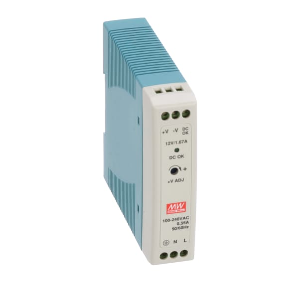 Power Supply,AC-DC,12V,1.67A,100-264V In,Enclosed,DIN Rail,PFC,20W,MDR Series