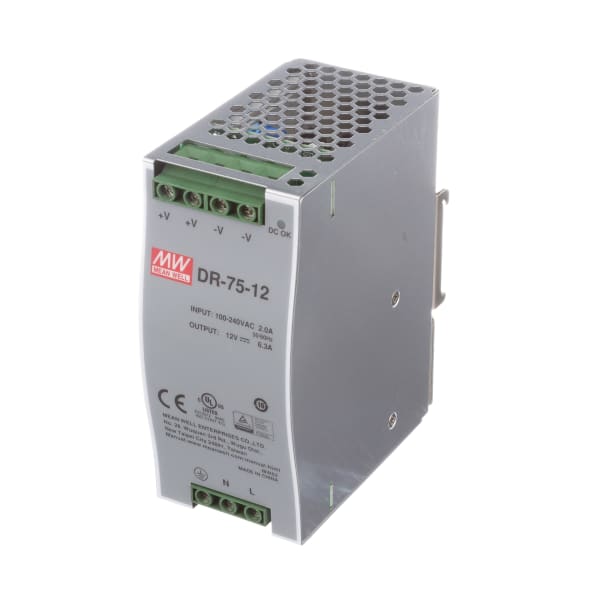 MEAN WELL - DR-75-12 - Power Supply,AC-DC,12V,6.25A,90-264V In,Enclosed ...