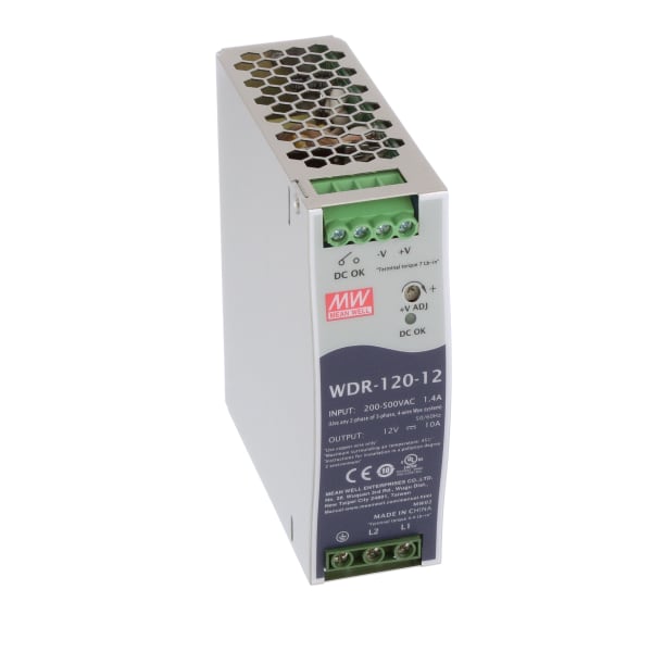 Power Supply,AC-DC,12V,10A,200-550V In,Enclosed,DIN Rail,PFC,120W,WDR-120 Series