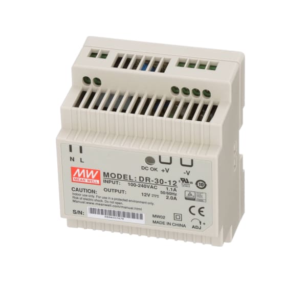 Power Supply,AC-DC,12V,2.5A,115-264V In,Enclosed,DIN Rail Mount,30W,DR Series