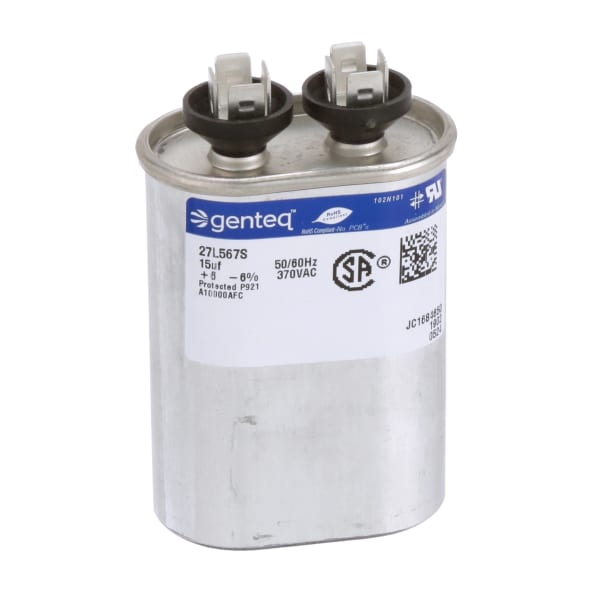 CAPCOM, formerly Genteq - 27L567 - Capacitor, Polypro Metallized, Cap 15 uF, Tol 6%, 370 AC, QC, Motor Run, Oval - RS CAPCOM, formerly Genteq - 27L567 - Capacitor, Polypro Metallized, Cap 15 uF, Tol 6%, 370 AC, QC, Motor Run, Oval - RS