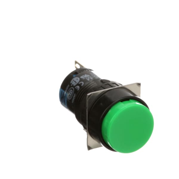 Pushbutton switch, 18mm btn, Green, SPDT, Momentary, 16mm mnt hole, IP65