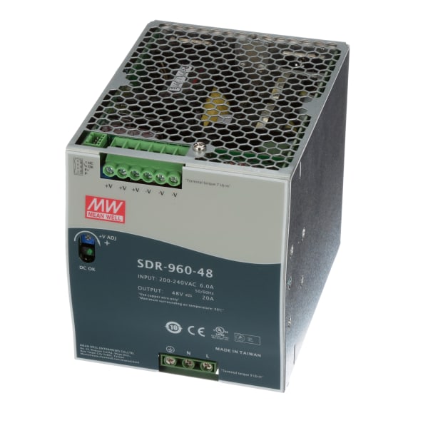 Power Supply,AC-DC,48V,20A,200-264V In,Enclosed,DIN Rail,PFC,960W,SDR Series