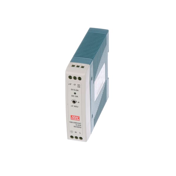 Power Supply,AC-DC,5V,3A,100-264V In,Enclosed,DIN Rail,PFC,15W,MDR Series