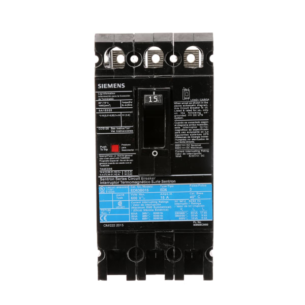 Siemens ED63B015 Molded Case Circuit Breaker,15A,3 Pole,600V,ED Frame,Sentron RS