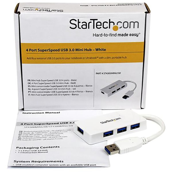 4-port StarTech.com 4 Port Portable USB 3.0 Hub with Built-in Cable -  Aluminum and Compact USB Hub (ST43004UA) - hub