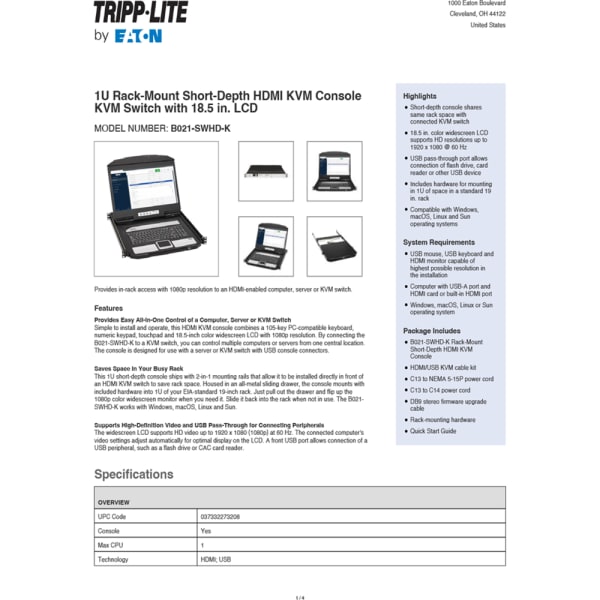 Tripp Lite B021SWHDK HDMI KVM Console/Switch, 18.5in LCD, 1U
