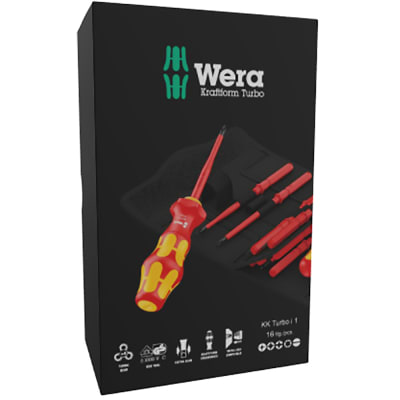 Las herramientas de Wera - 05057484001 - VDE Metirc de Kraftform Kompakt  Turbo fijaron con las láminas del VDE en la bolsa del textil - RS