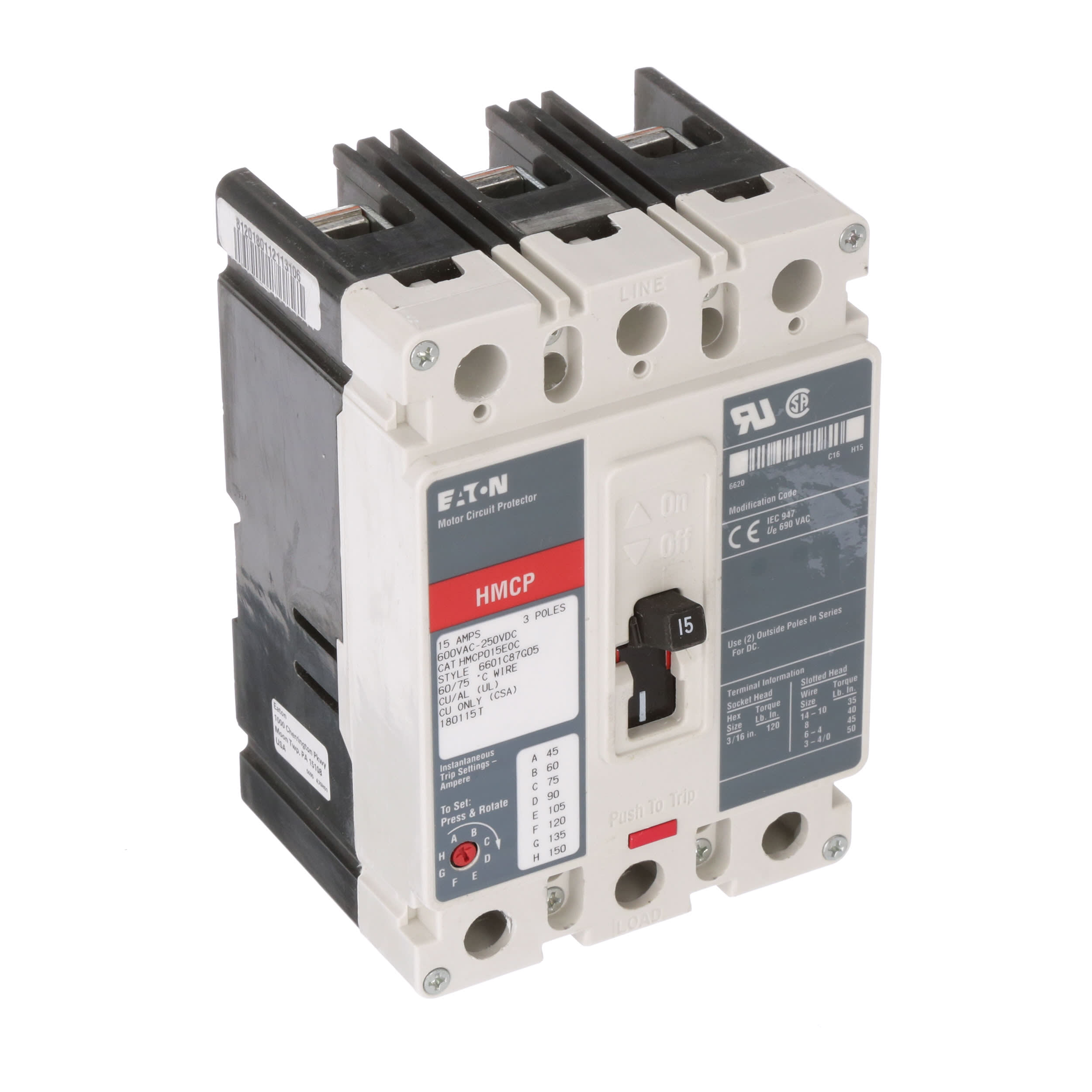 Eaton Cutler Hammer HMCP015E0C Molded Case Circuit Breakers Pole  15A Thermal Magnetic 650VAC 250VDC C Series RS