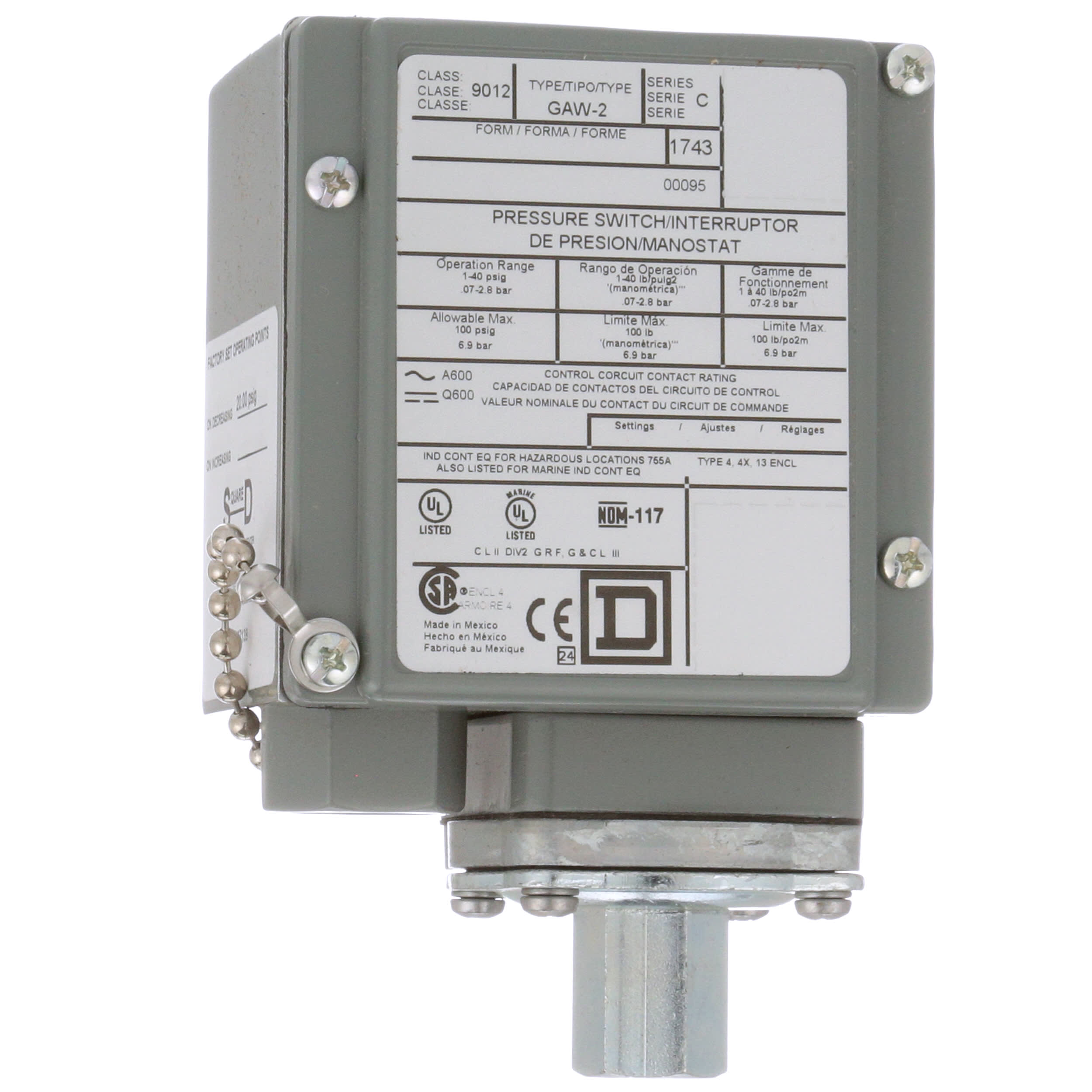 Telemecanique Sensors 9012GAW2 Pressure Switch 1 40 psi 1 4 NPTF port SPDT UL CSA 9012G Series RS