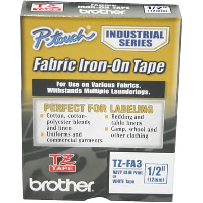 Brother P-touch TZEFA3  12mm Navy Blue on White Fabric Iron-On Tape