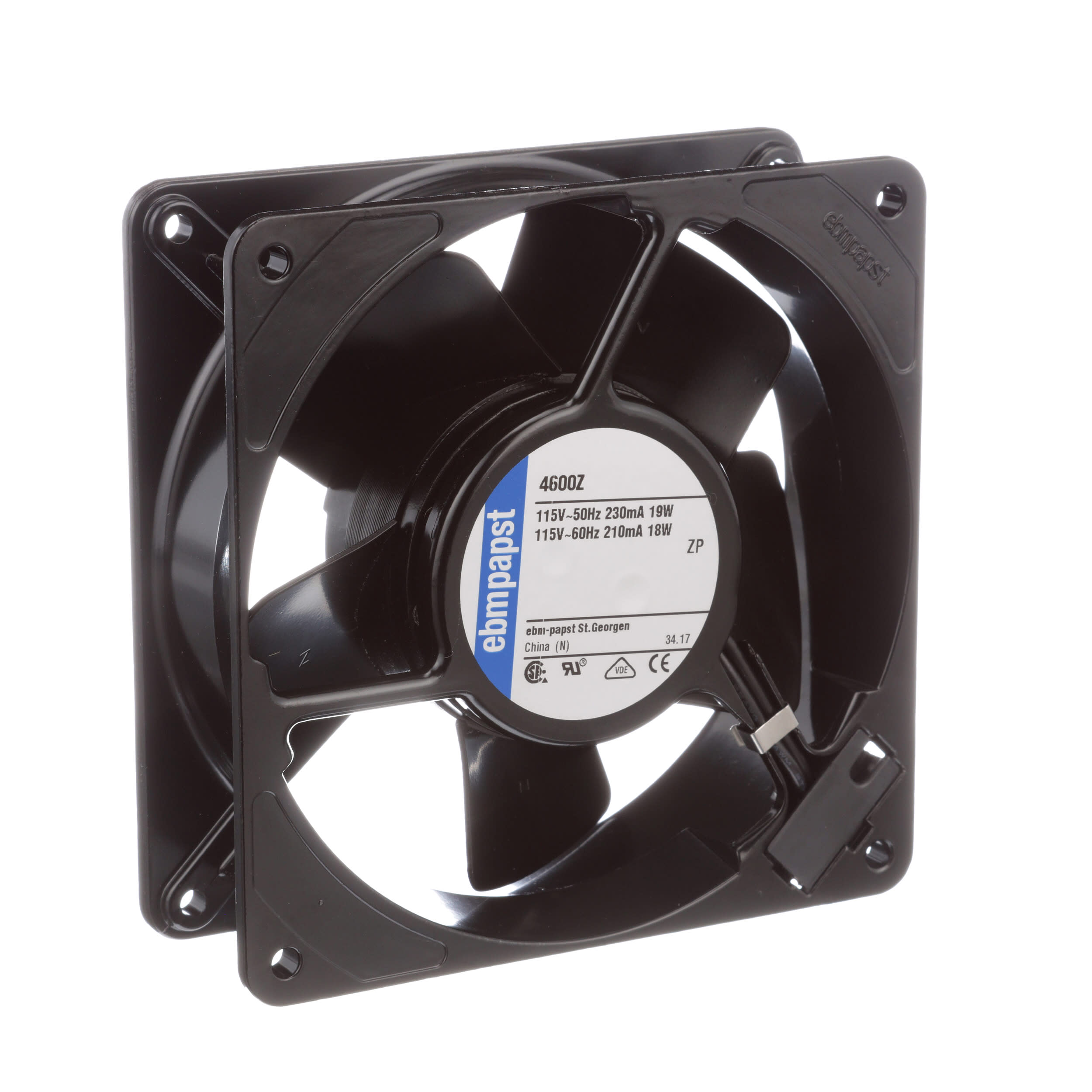 ebm-papst 4600Z AC Fan, 115V, 119x119x38mm, 105.9CFM, 18W, 45dBA,  3100RPM, Terminals RS