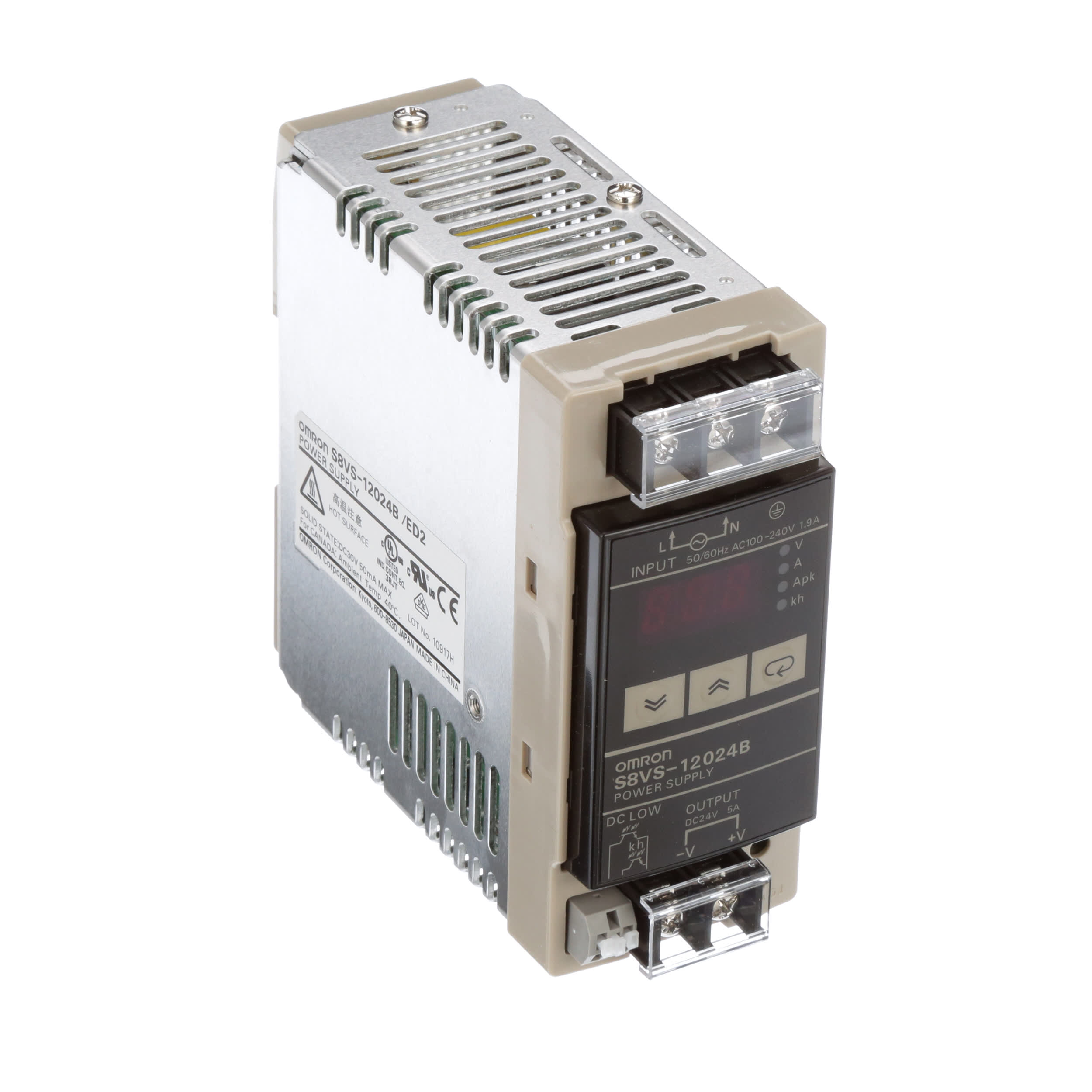 Omron Automation S8VS-12024B AC-DC Power Supply, 24V, 5A, 85-264V,  Enclosed, DIN Rail, PFC, 120W, S8VS Series RS