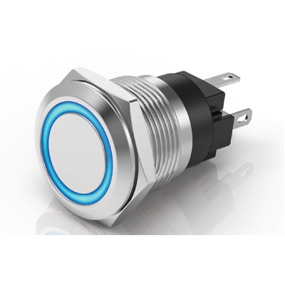 Rugged Metal Pushbutton with Blue LED Ring [16mm Blue Momentary