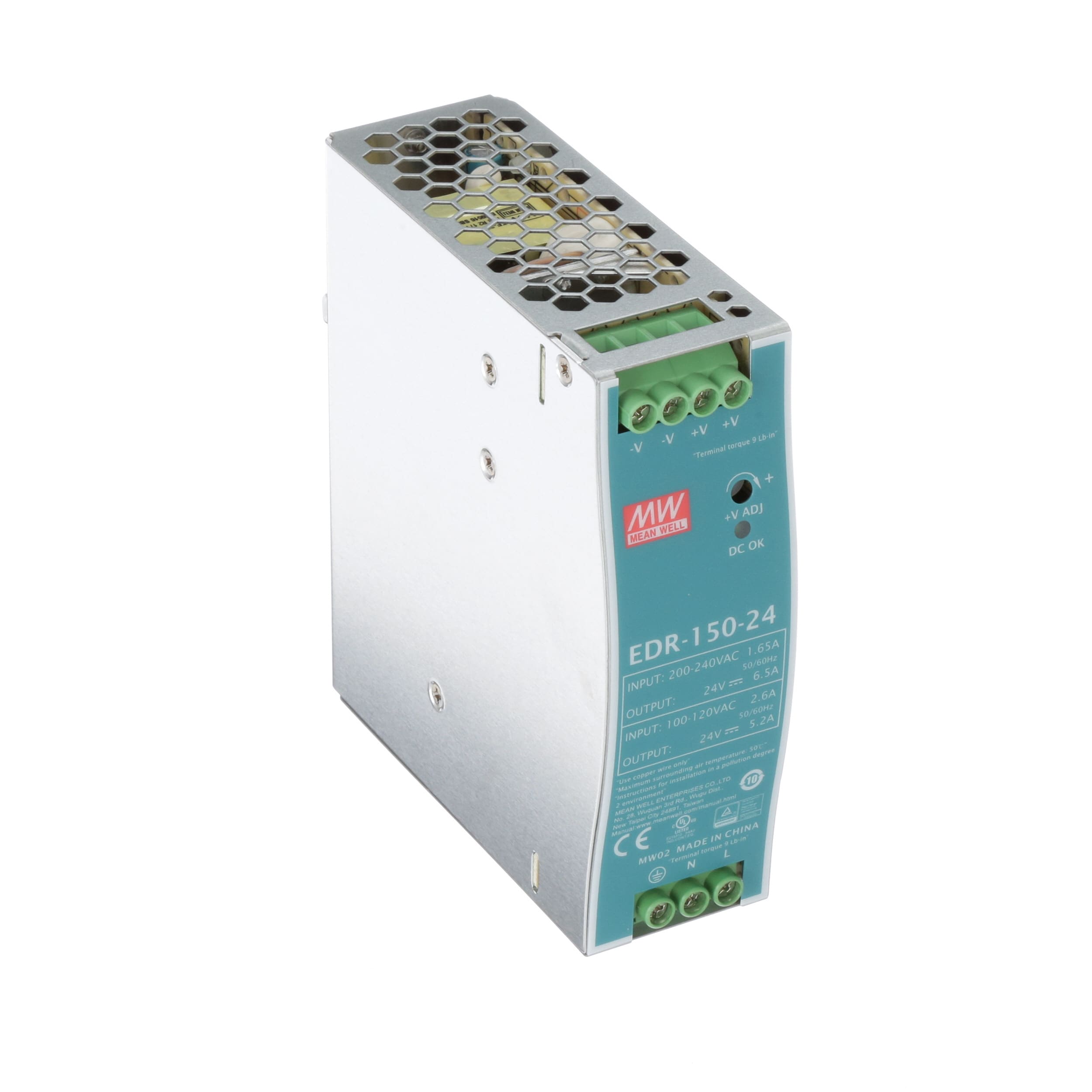 MEAN WELL EDR-150-24 Power Supply, AC-DC, 24V,6.5A, 180-264V In,  Enclosed, DIN Rail Mount, EDR Series RS