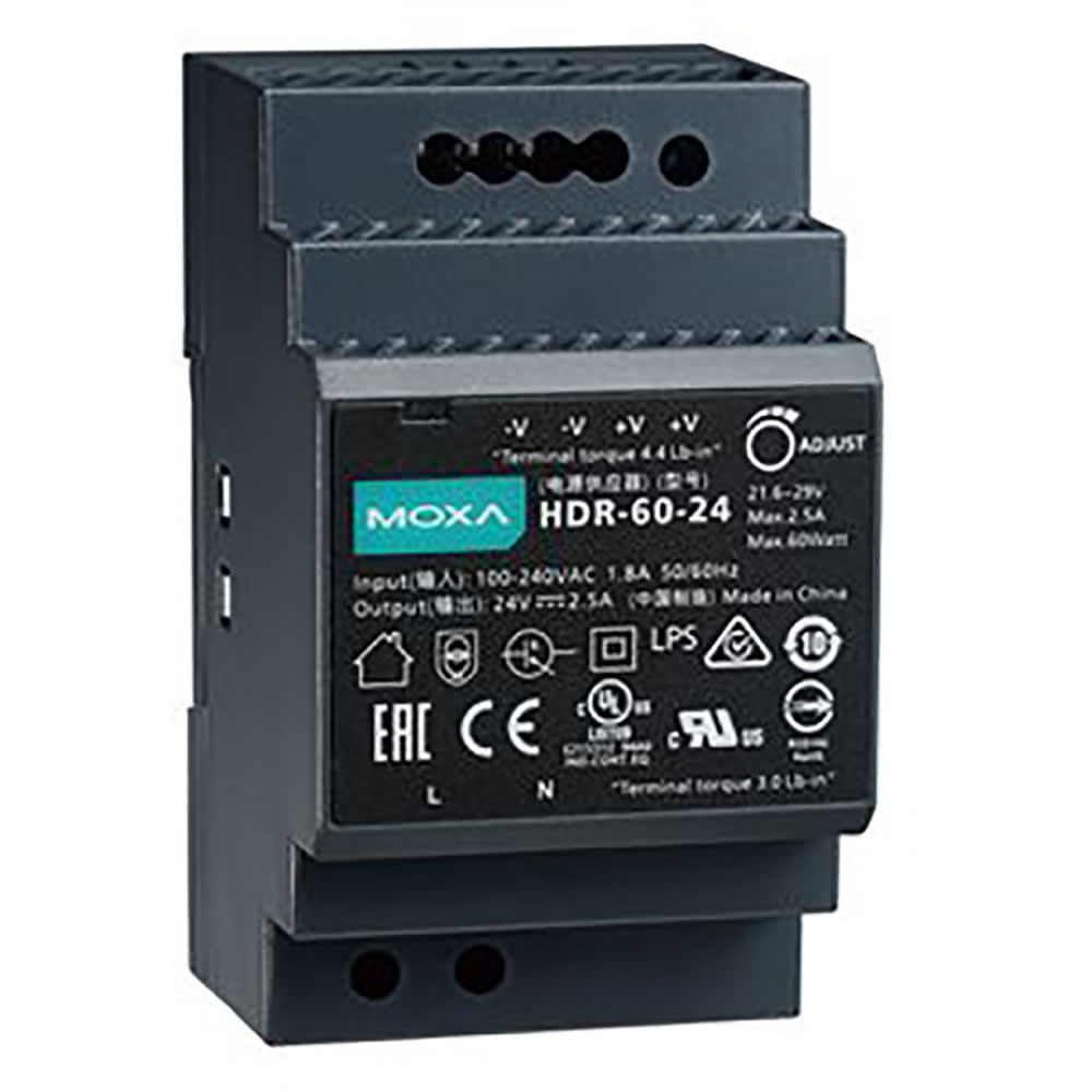 Moxa HDR-60-24 60 W/2.5 A DIN-rail 24 VDC power supply,universal 85 to  264 VAC or 120 to 370 V RS