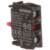 Siemens 3SU14001AA101CA0 Contact Block, SPST-NC, Screw Terminal, Front Mounting, 3SU1 Series