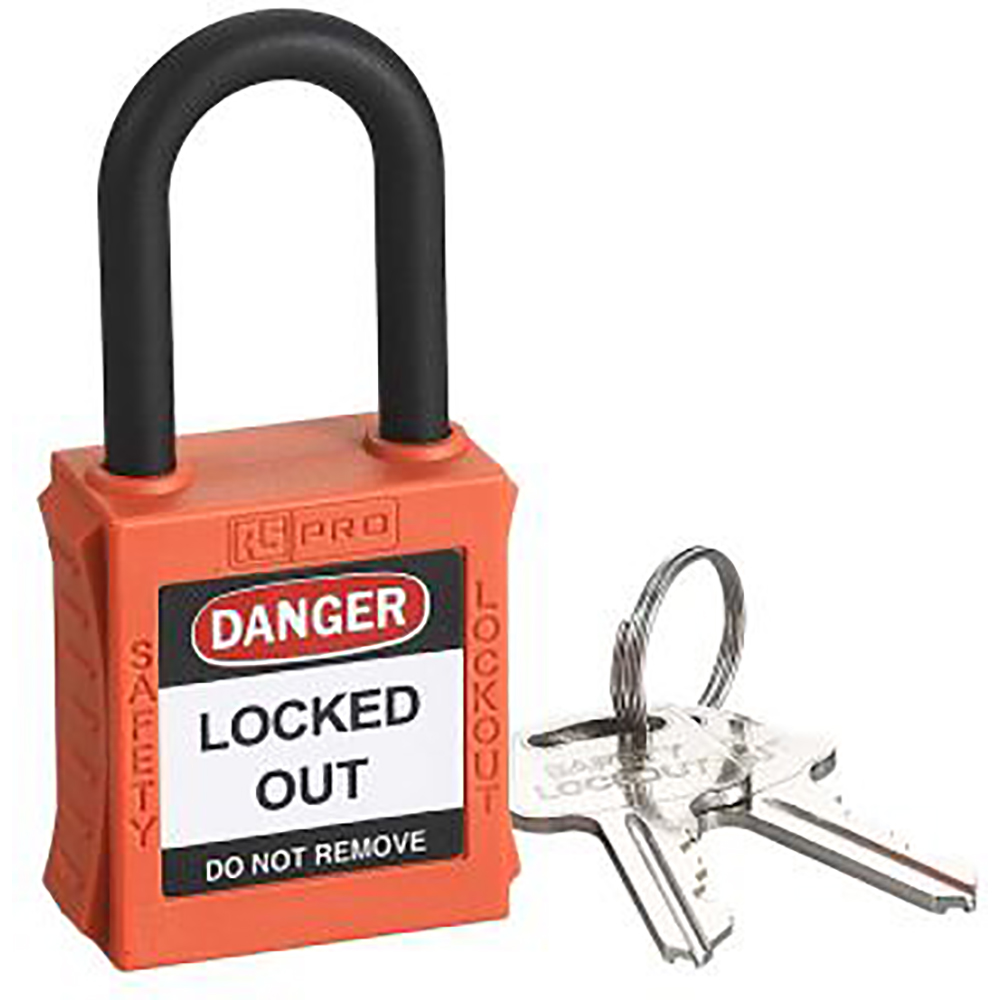 RS PRO 1963761 All Weather Orange Safety Padlock 38mm Nylon Schackle 6.4mm Diameter